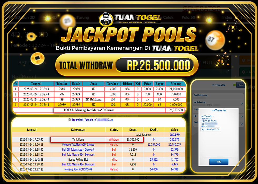 TUANTOGEL JACKPOT TOTOMACAU 5D Rp26.500.000, - LUNAS